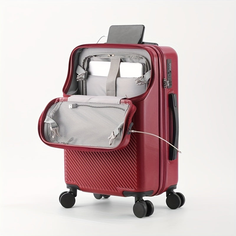 Compact 20-inch carry-on with cup holder and retractable handle.