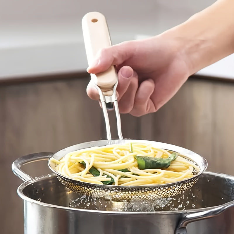 Get this durable Stainless Steel Hand Mixer and Skimmer Spoon Set for all your kitchen needs - perfect for blending eggs, baking ingredients, and preparing sauces. The set also includes a Wooden Handle Fine Mesh Strainer for sifting food, separating oil