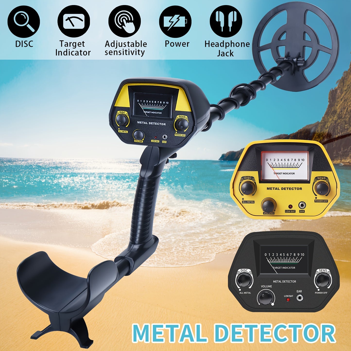 Compact metal detector with high sensitivity and a 20.32cm coil, adjustable power and target identification. Ideal for beach treasure hunting, requires batteries (not included).