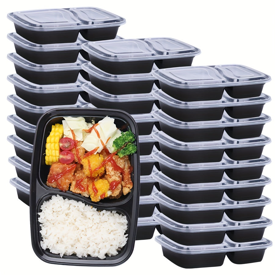 30 sets of 50 plastic black containers with lids, each container holding 30 ounces. These food storage containers are BPA free, stackable, and leakproof, making them perfect for bento boxes. They are also safe to use in the microwave. These kitchen