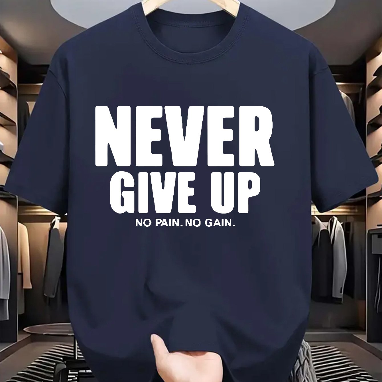 Men's casual crew neck t-shirt with "Never Give Up" print, made of polyester knit fabric with a slight stretch for a regular fit. Perfect for daily wear in summer with short sleeves.