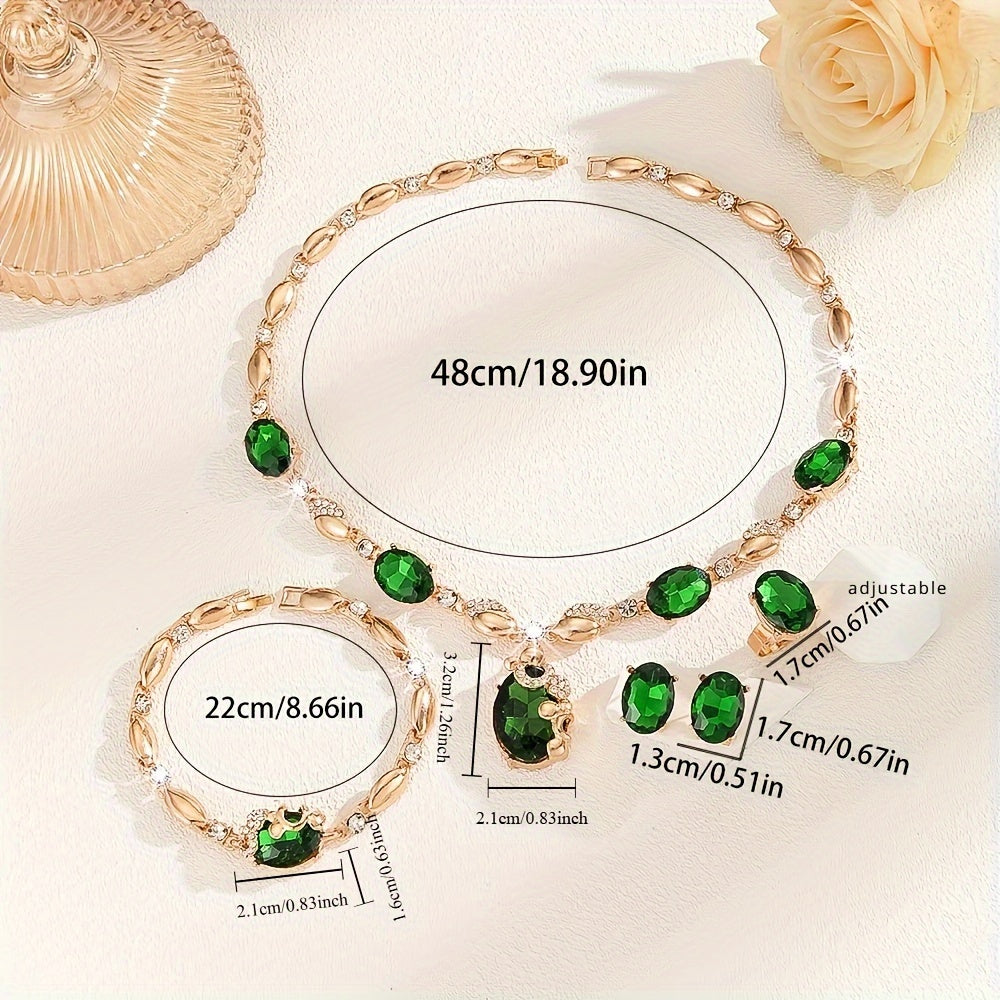 Sparkling 5-piece Jewelry Set featuring Synthetic Emerald & Glass Accents - Ideal for Everyday Wear & Special Occasions. Great for St. Patrick's Day or as a Gift. Beautifully Crafted in 14K Gold Plating - suitable for any season.