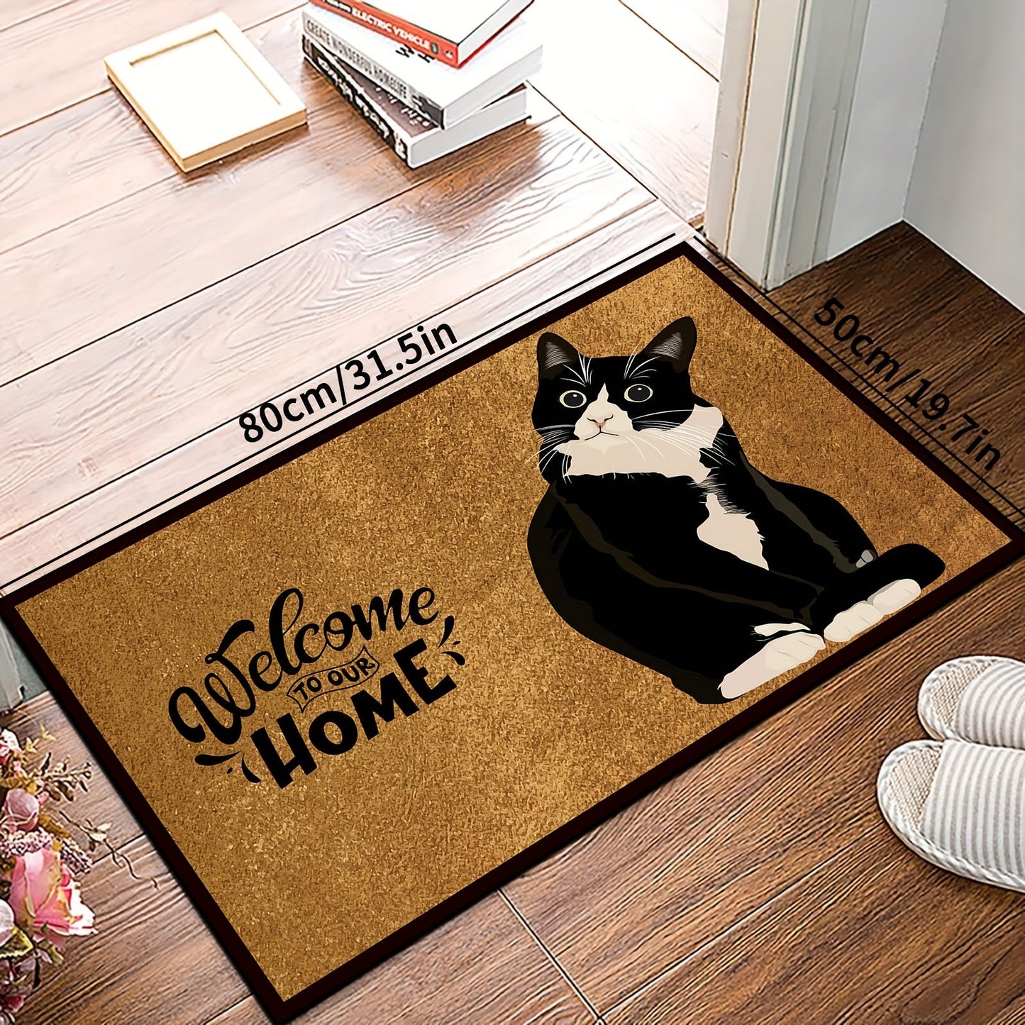 Retro Black & White Cat Welcome Doormat - 1 Piece, Made of Polyester Blend, Easy to Clean in the Washing Machine, Non-Slip Entryway Rug Ideal for Home Gaming Room Decor