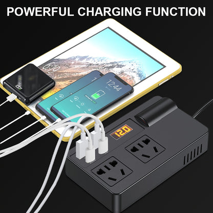 200W high-power car power inverter with voltage detection, fast charging, multi-USB ports, converts 12V/24V to 220V, PD fast charge, compact design, US plug.