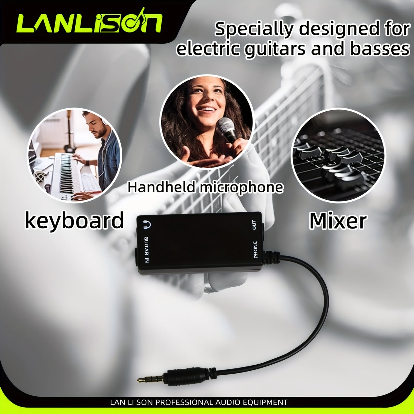 Lanlison Audio Adapter connects various instruments to smartphone for recording, effects, and conversion.