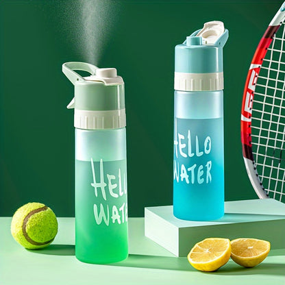 Large capacity gradient sports water bottle with spray function, made of durable PP, essential for summer cooling. Available in blue, green, or pink with "HELLO WATER" motif.