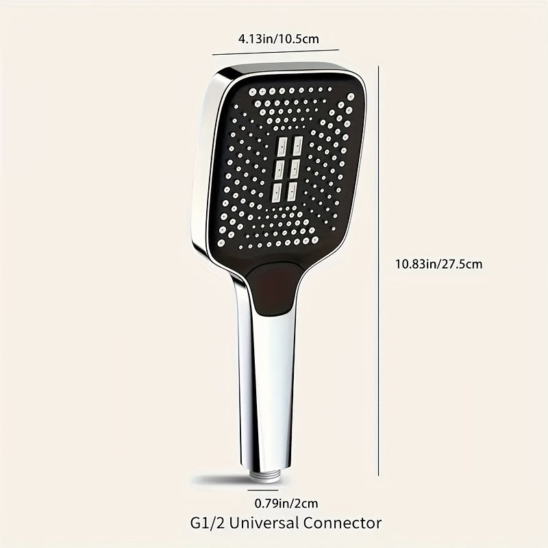 Square design high pressure handheld showerhead made of plastic material with a hanging mount for easy installation. Provides strong water flow for a great shower experience. Has a universal G1/2 connector and can also be used for Halloween and Christmas