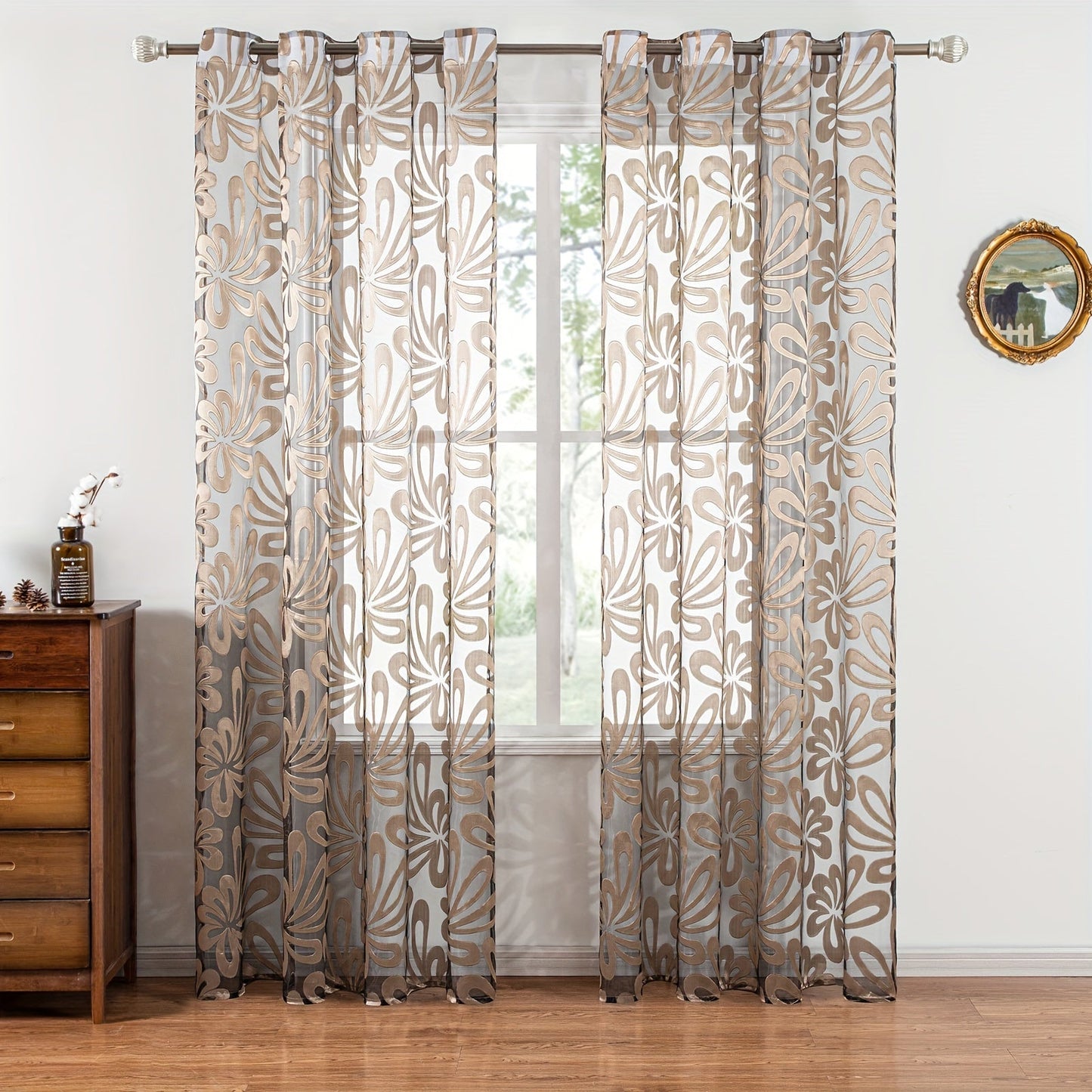 This Elegant Geometric Sheer Curtain Panel in Brown & White Floral Jacquard Design is made of lightweight polyester. It is machine washable and comes with eyelets for easy hanging. Ideal for enhancing the decor of your living room or bedroom.