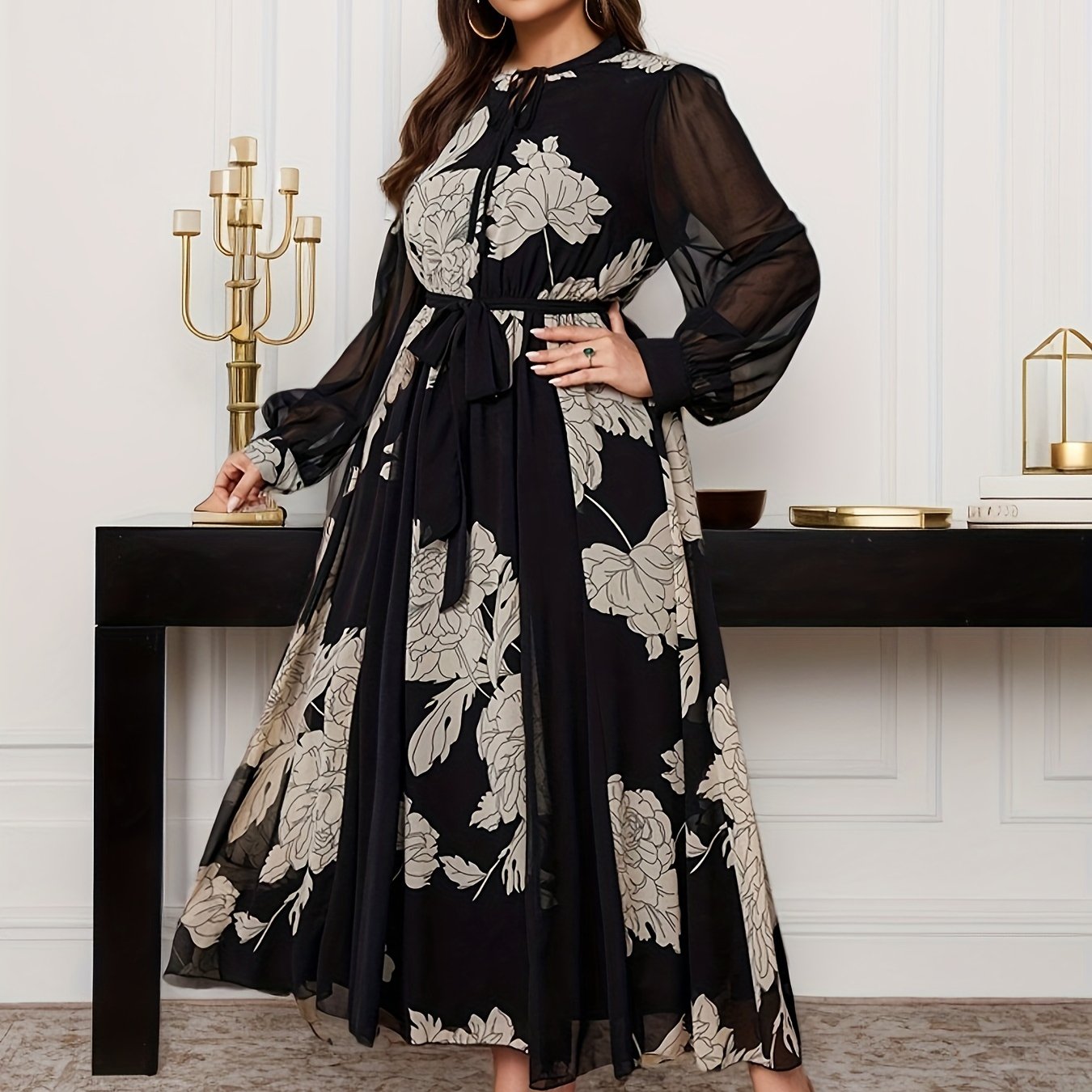 Plus size chiffon dress with floral print, lantern sleeves, A-line silhouette, tie waist detail, and mid-length, made of polyester for spring/autumn wear.