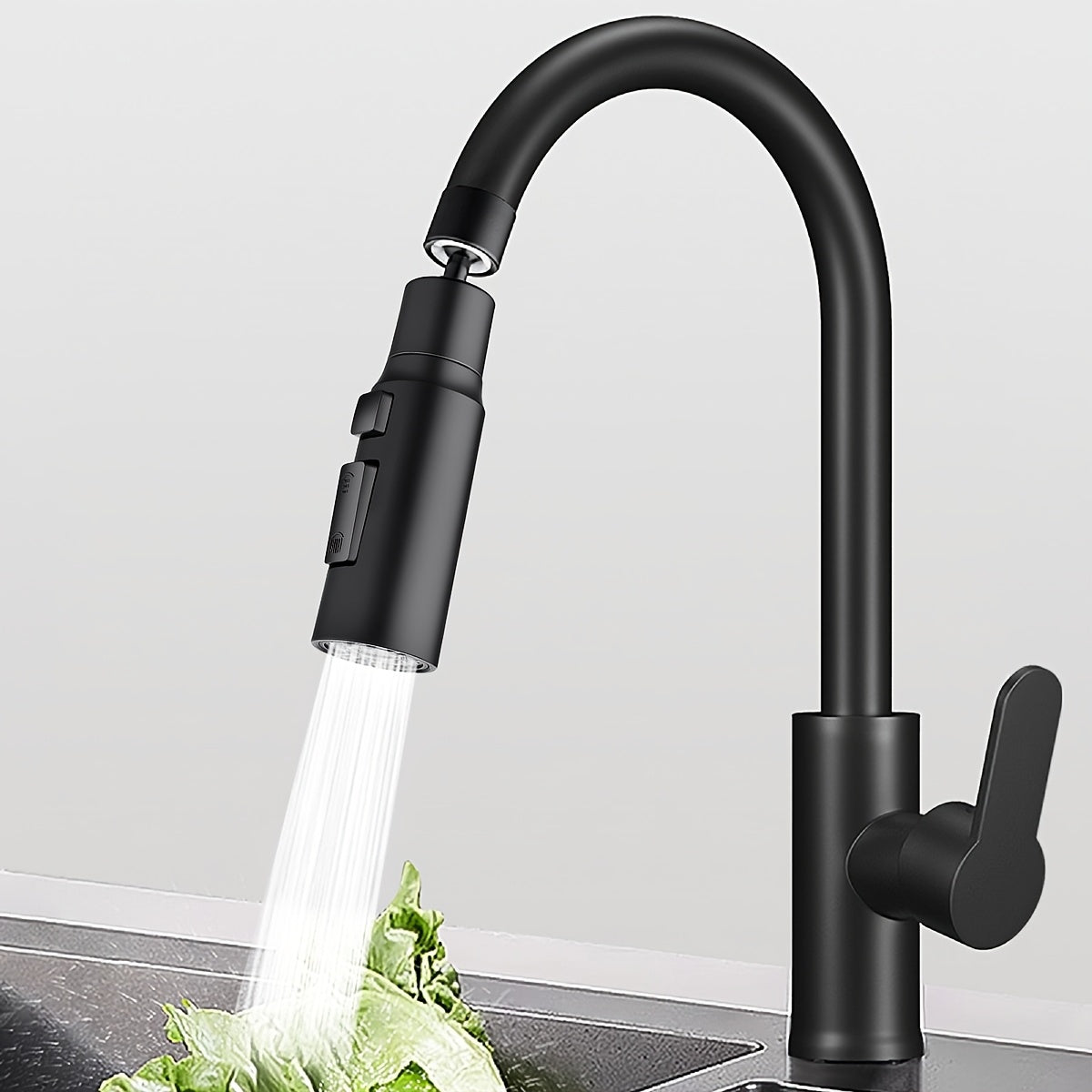 High-pressure kitchen faucet with pull-down sprayer, single handle, 2 spray modes, easy installation, durable plastic, perfect for vegetable washing and dishwashing.