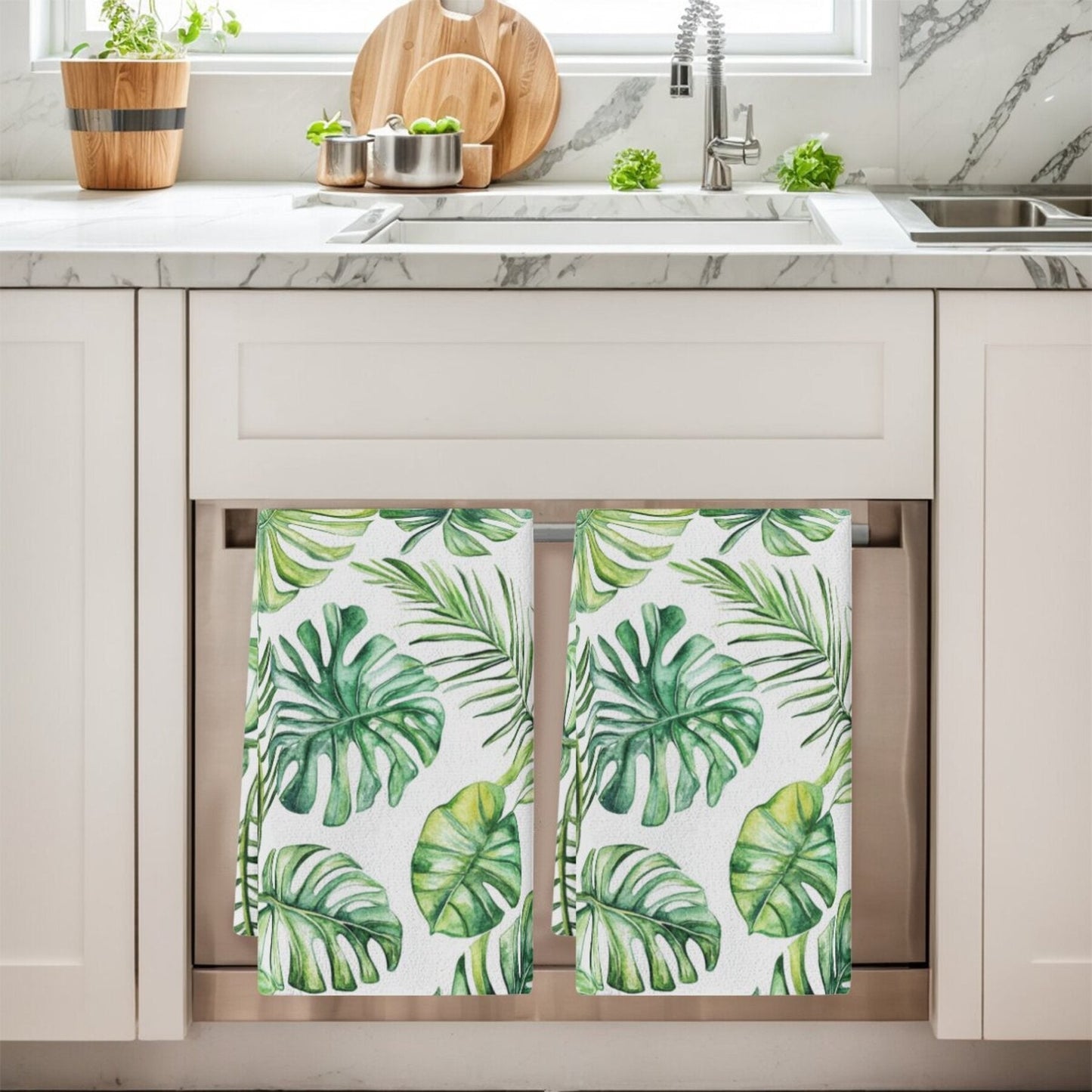 Set of 2 Cleaning Cloths and Dish Towels with Tropical Plant, Palm Leaf, and Monstera Patterns - Perfect for Kitchen Decor, Holiday Decorations, Table Settings, Kitchen Supplies, Home Decor, and Gifting for New Homes or Bathrooms