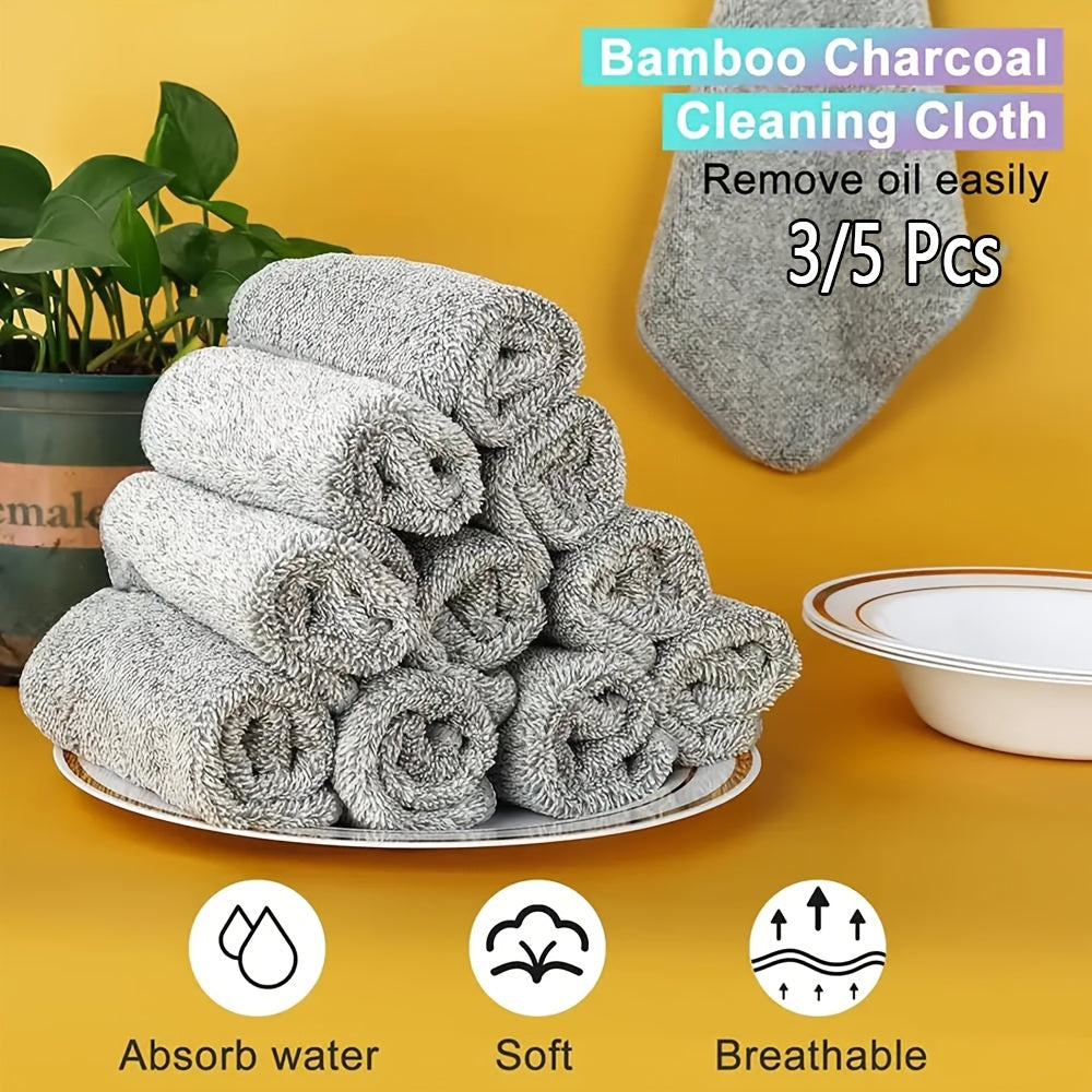 Gray Bamboo Charcoal Fiber Dish Towels, Pack of 3/5 - Highly Absorbent, Fine Knit Fabric, Grease-Resistant Microfiber Cleaning Cloths for Kitchen, Bathroom, Living Room - Modern Space Theme, Contemporary Design.