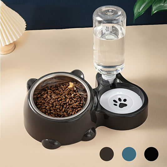 Automatic pet feeder with water dispenser, stainless steel bowls, neck protection, no charging or batteries needed.