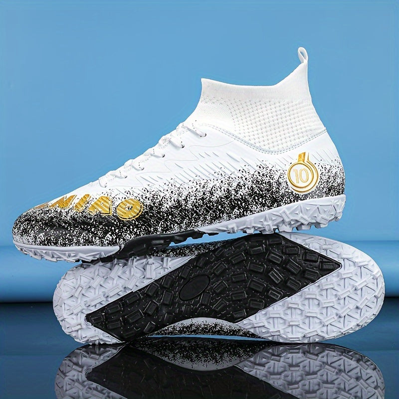 Men's high top turf football boots, outdoor anti-skid, breathable lace-up TF soccer cleats.