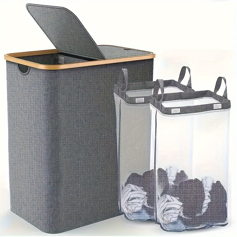 Large laundry hamper with lid and 2 detachable bags, perfect for organizing dirty clothes in laundry rooms, bathrooms, and dormitories. This foldable storage basket is a must-have for home organization and back-to-school supplies.