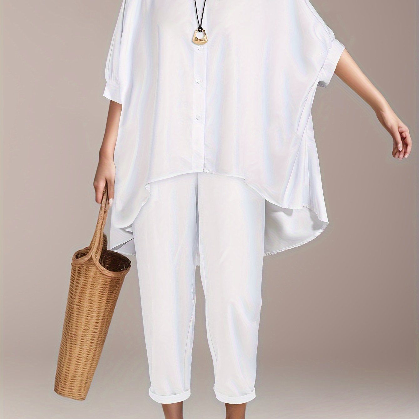 Polyester women's beach shirt set with batwing sleeves and asymmetrical hem - machine washable.