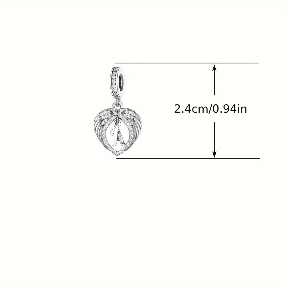 925 Sterling Silver Heart-shaped Wing Pendant with Synthetic Zircon Letter Pattern for DIY Jewelry Making, Perfect Gift Idea