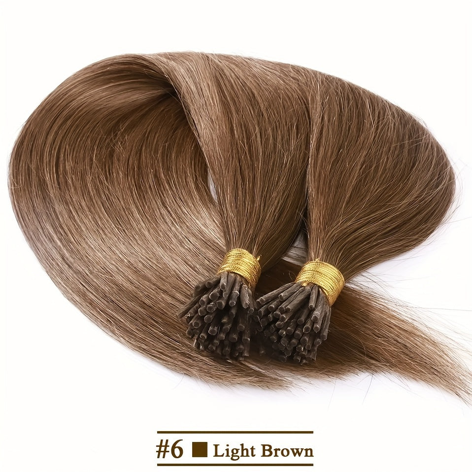 Brazilian human fusion hair extensions with straight I tip, 50pcs/set, natural color, 40.64-66.04 cm.