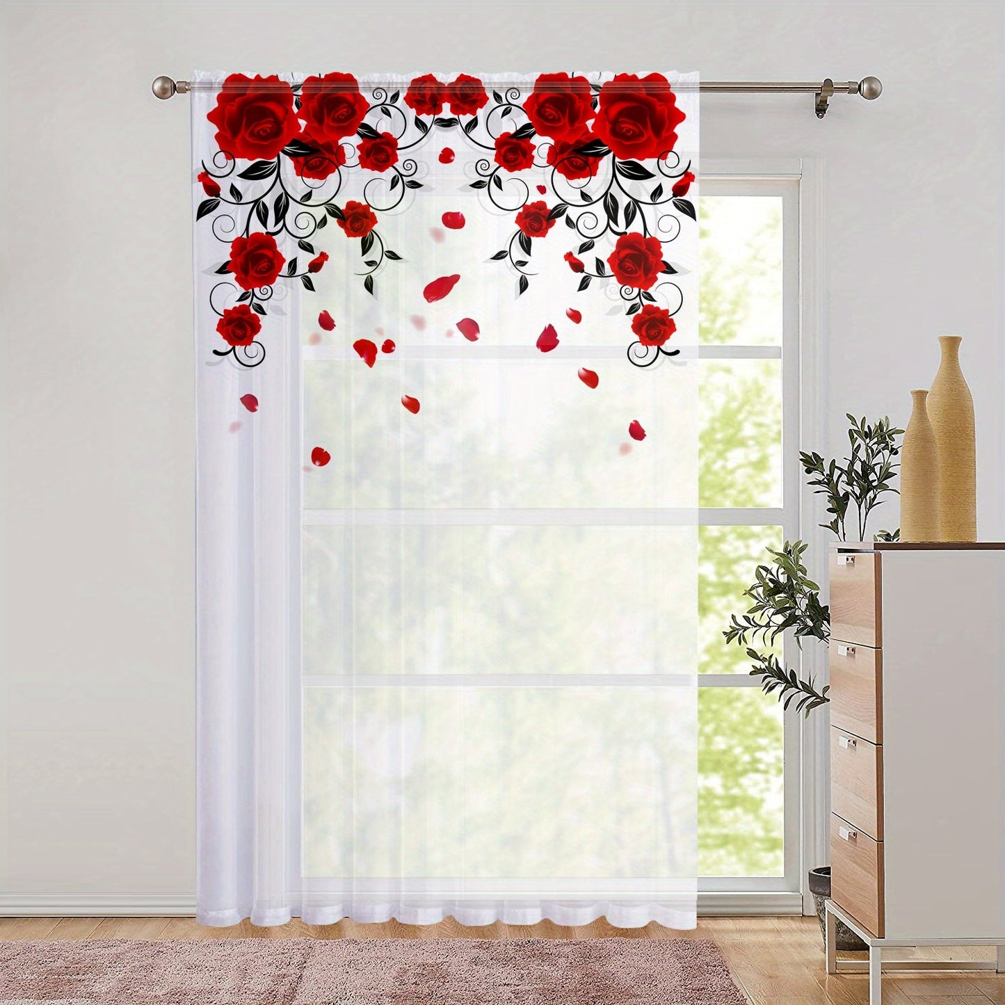 Red Rose Printed Curtain with Rod Pocket for Bedroom, Office, Kitchen, Living Room, Study - Home Decor, Aesthetic Room Decoration