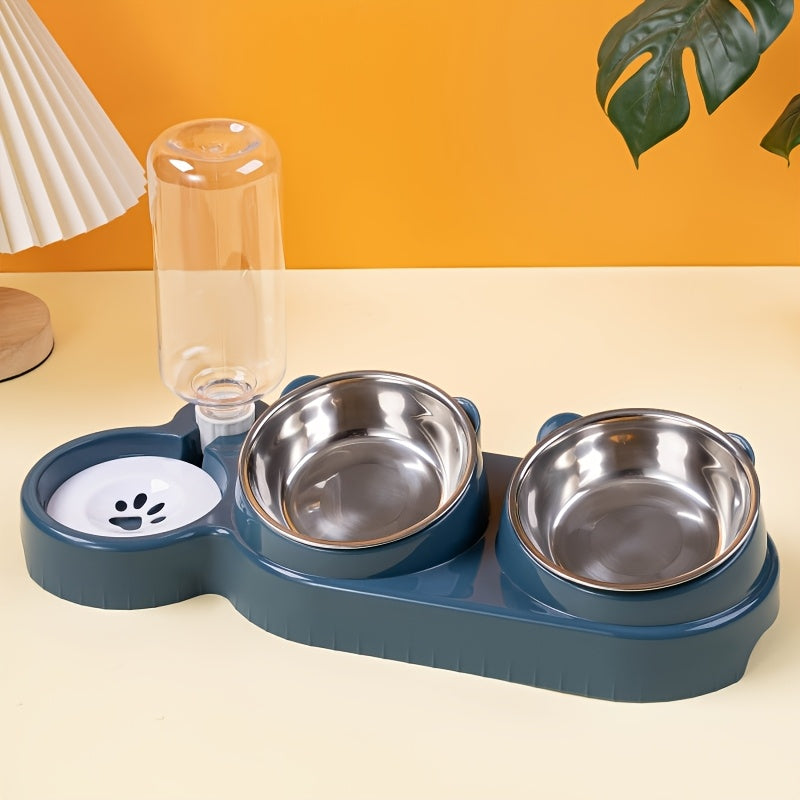 Dual bowl pet feeder and water dispenser made of stainless steel and plastic with easy sloped design for cats and dogs.