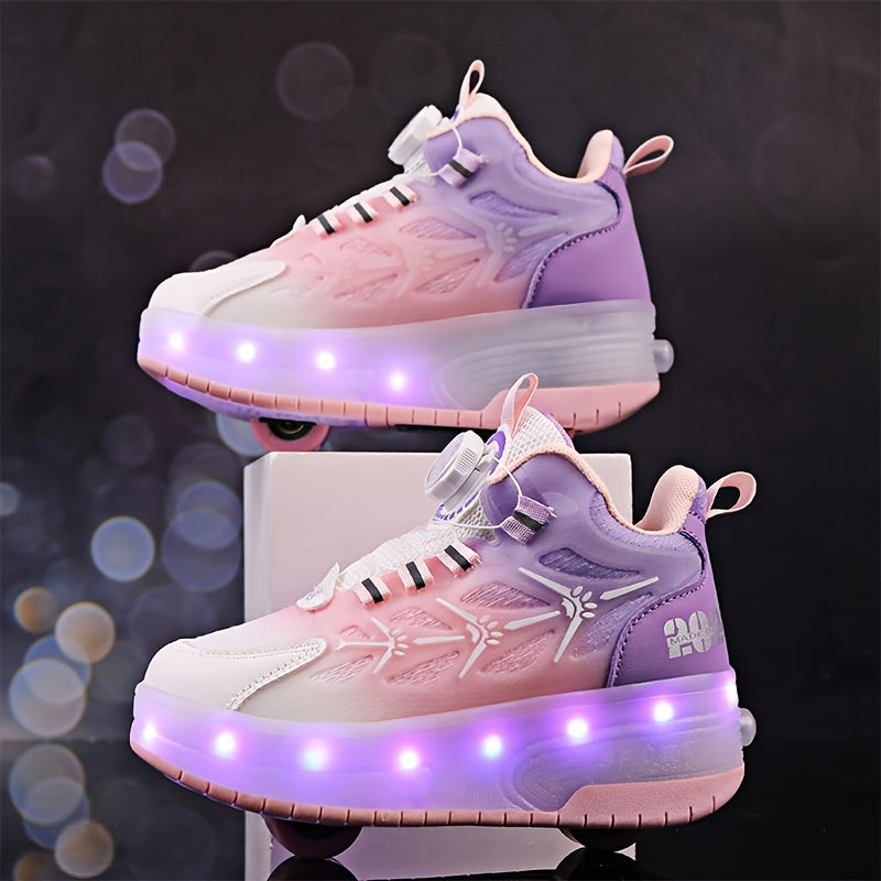 Youngsters' Fashion LED Light-Up Roller Skates in Pink & Purple Gradient Design with White Star Patterns - USB Rechargeable & Durable for All Seasons - Low-Top PU Sneakers for Boys & Girls