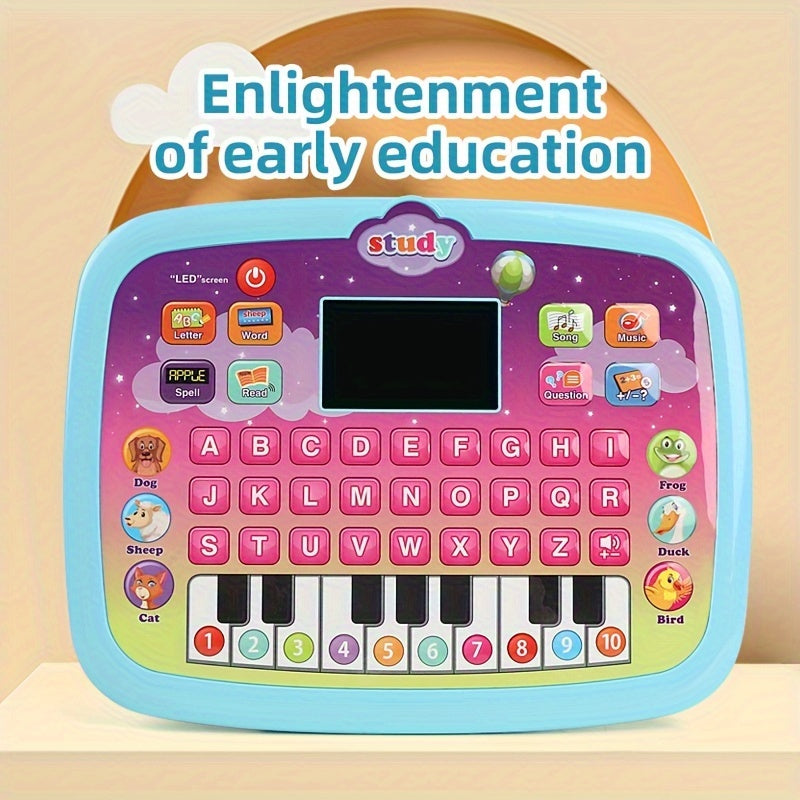 Interactive Tablet Learning Pad with LED Screen, designed to teach Alphabet, Numbers, Words, Music, and Math. This electronic toy promotes development and learning in a fun way. Perfect as a Halloween or Christmas gift. (Batteries not included)