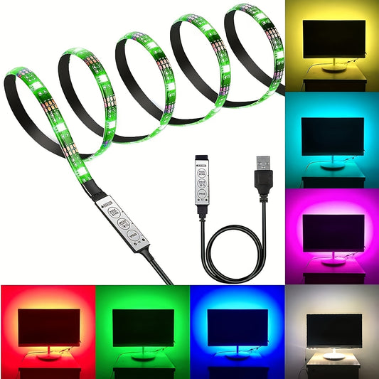 97.54cm USB-powered RGB LED strip with mini controller for bedroom, party, home decoration.