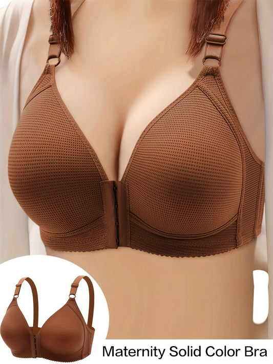 Front-closure plus size bra with breathable fabric, comfortable fit, non-removable padding, and suitable for all seasons.