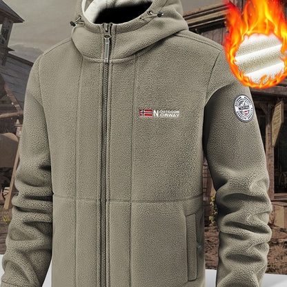 Men's fleece-lined hooded jacket for fall/winter activities, featuring windproof design, zipper pockets, and embroidery details.