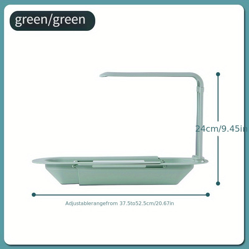 Durable plastic kitchen sink organizer with adjustable over sink dish drying rack and drainage basket. No assembly required for convenient storage of sponge, soap, and cloths. Multi-functional design.