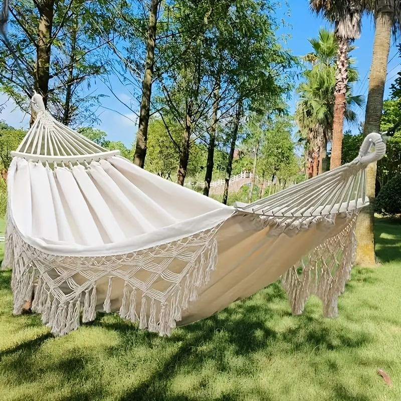 Tusheng Bohemian Style Hammock with Fringe, Cotton Blend Fabric, Thick Ropes, 204.12KG Capacity, Outdoor/ Garden/ Patio/ Wedding Decor, Includes Carry Bag.