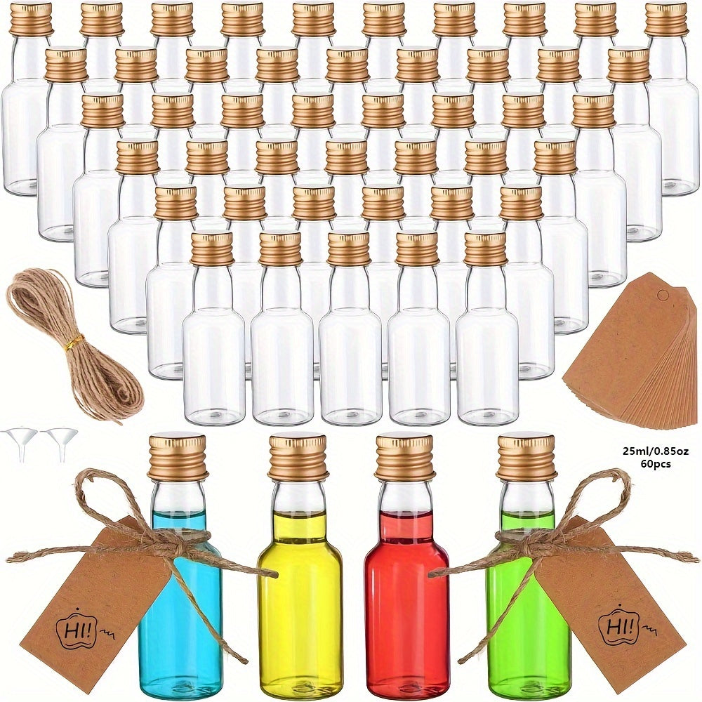 Pack of 60 Mini Plastic Liquor Bottles - Leakproof 25ml/50ml Empty Bottles with Caps for Alcohol, Sauce, Party Favors. Food-Grade and Safe for Contact with Food Items.