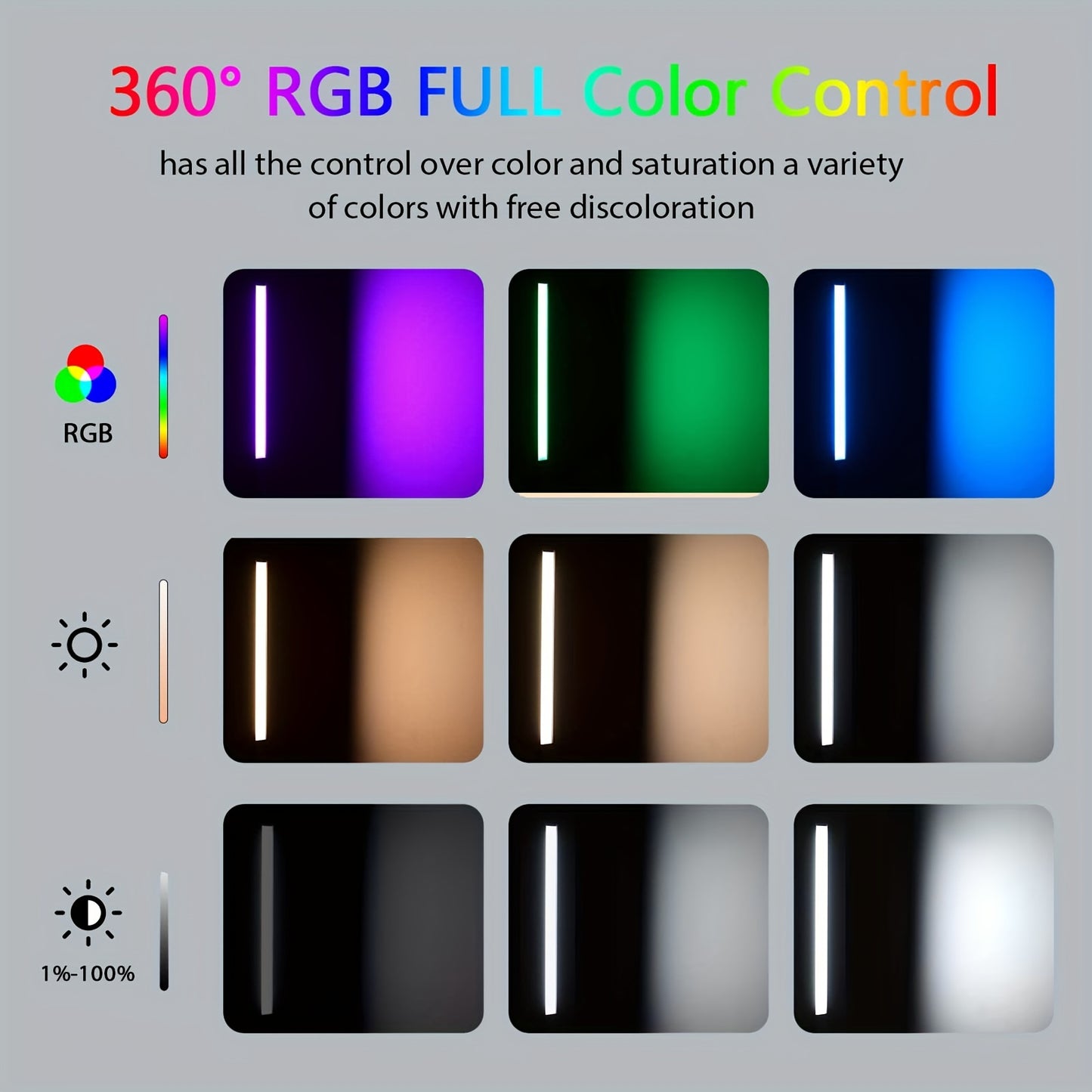 Handheld RGB video stick light with adjustable color temperature and CRI 95+, built-in battery, tripod stand, and dimmable panel for various uses.