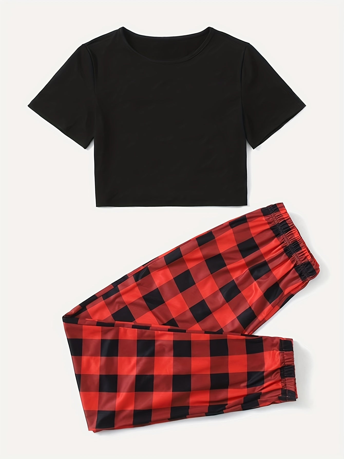 Plaid pajama set for women featuring a short sleeve top and elastic waistband pants.