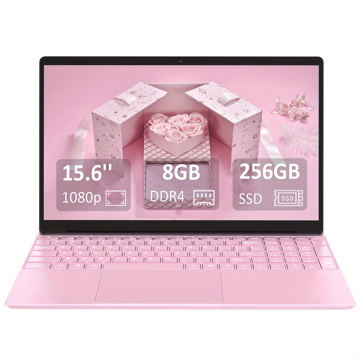 Pink 39.62cm laptop with 8GB DDR4 RAM, 256GB SSD, Quad-Core Intel N5095 CPU (Up to 2.9GHz), 1080P FHD display, webcam, USB 3.0, backlit keyboard - Ideal for students & professionals.