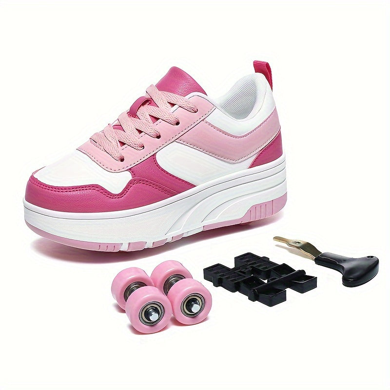 Fashion Roller Skates for youngsters in pink & white design with retro style, adjustable buckle straps, and breathable material. Perfect for parties, sports, and casual wear. Durable TPR