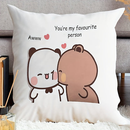 Velvet cushion cover featuring cute Bubu & Dudu panda bears in a cartoon couple design with "You're My Favorite Person" text. Cozy square throw pillow case for home decor, machine washable with zipper closure.