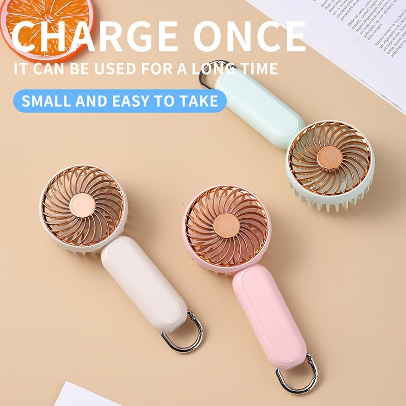 This mini portable fan is perfect for those on the go. It is handheld, personal, USB rechargeable, and battery-operated. You can bring it to the office, bedroom, outdoor travel, and camping. It also comes with a hook loop for easy carrying and