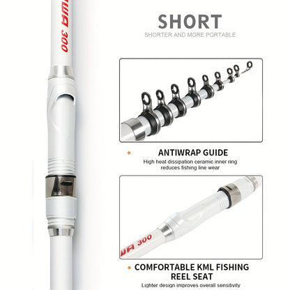 Portable telescopic fishing rod made of carbon fiber and glass steel with spinning action for carp feeding. Travel-friendly with multiple lengths ranging from 149.96cm to 299.92cm. Ideal