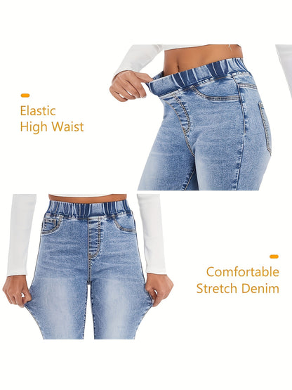 Women's high-waisted flare jeans in light wash blue, made of 65% cotton and 35% polyester blend. Features an elastic waistband, slant pockets, and smooth fabric. Suitable for casual or