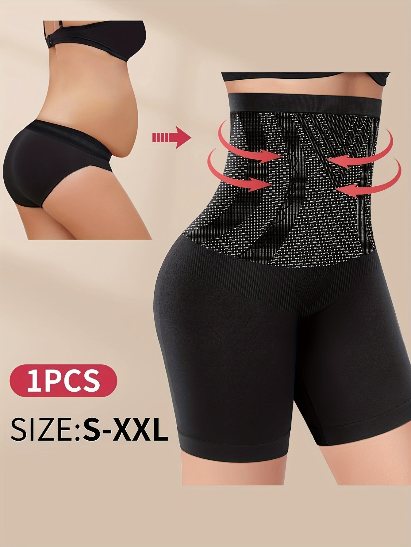 High-Waist Tummy Control Shapewear, Seamless Nylon Underwear, Butt Lifting Panties in Solid Color Knit Fabric, 89% Nylon 5% Polyester 6% Elastane, 200gsm, Available in S-XL Sizes