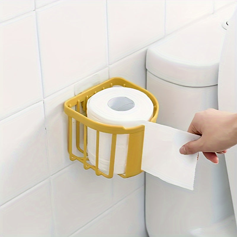 Wall-mounted toilet paper holder with punch-free installation, storing toilet tissue and roll paper for a stylish bathroom.