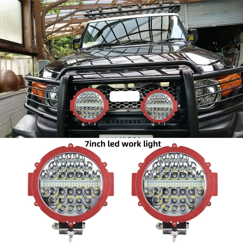 7-Inch Round LED Work Lights for Off-Road Vehicles - 12V-24V, Red & Black Housing, Bright White Light, Ideal for Trucks, Tractors, SUVs, ATVs, UTVs, Boats, Utility Vehicles | Bold Lighting