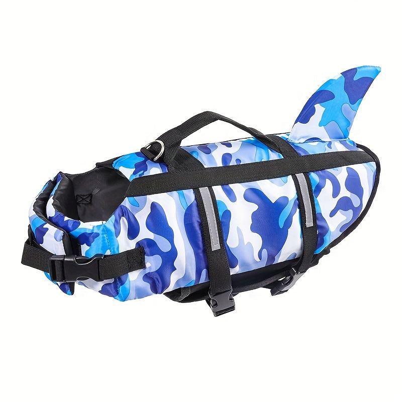 Adjustable lightweight dog life vest with rescue handle, featuring shark design for outdoor surfing and beach activities.