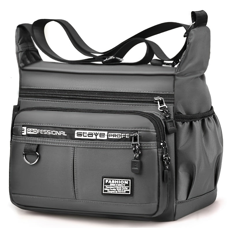 Men's casual nylon shoulder bag with large capacity, waterproof, wear-resistant material. Features multi-pockets, adjustable strap, and ideal for daily commute.