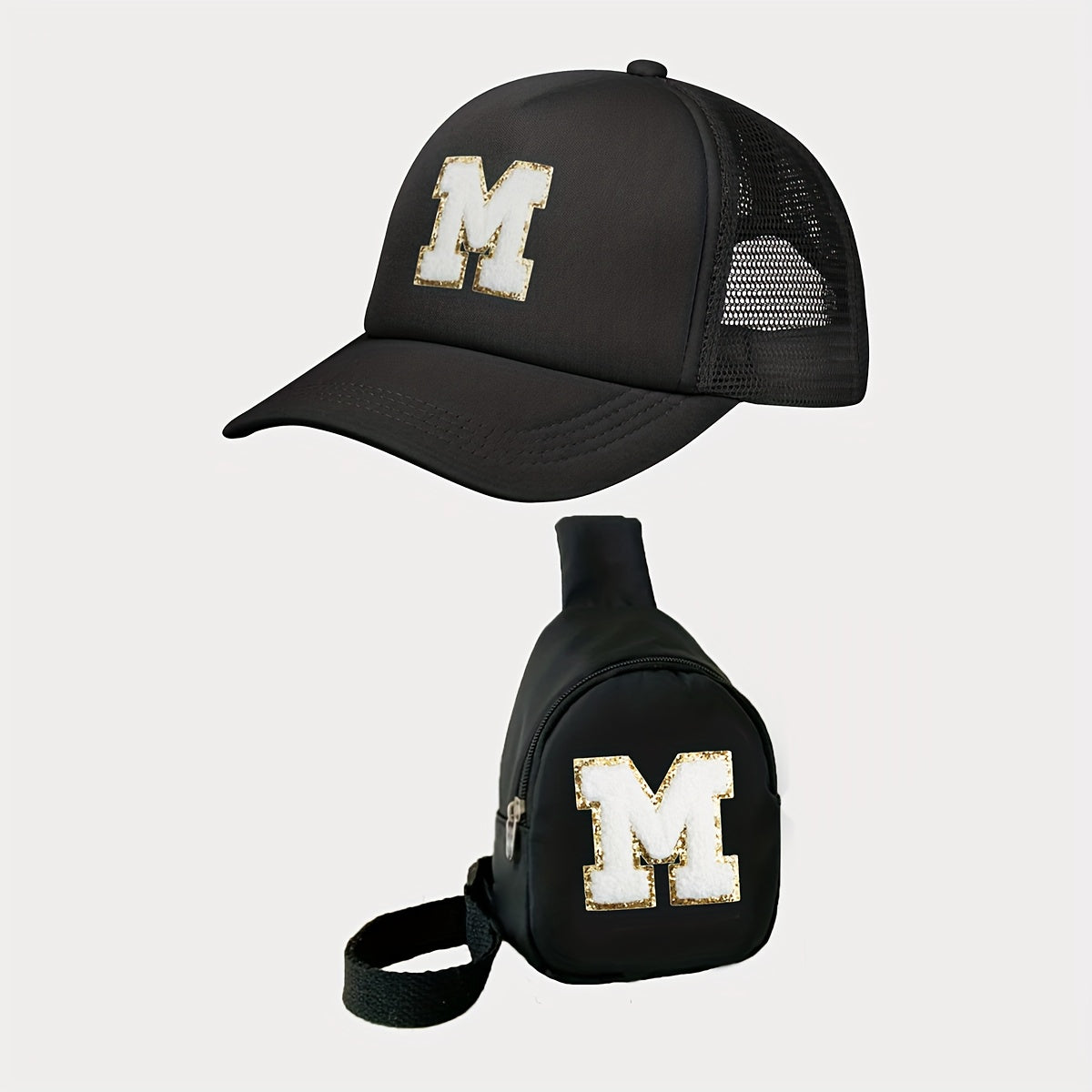 Children's Alphabet Baseball Cap and Shoulder Bag Set made of polyester material with a breathable, season-neutral design. Features a fitted cap with a buckle closure suitable for daily and