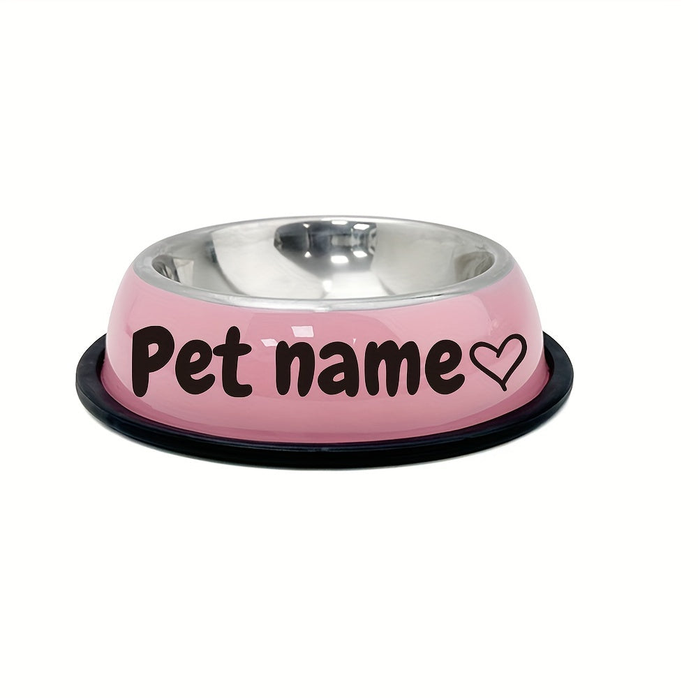 Custom stainless steel dog bowl with non-slip base for small, medium, and large dogs. Personalize with pet's name for food and water.