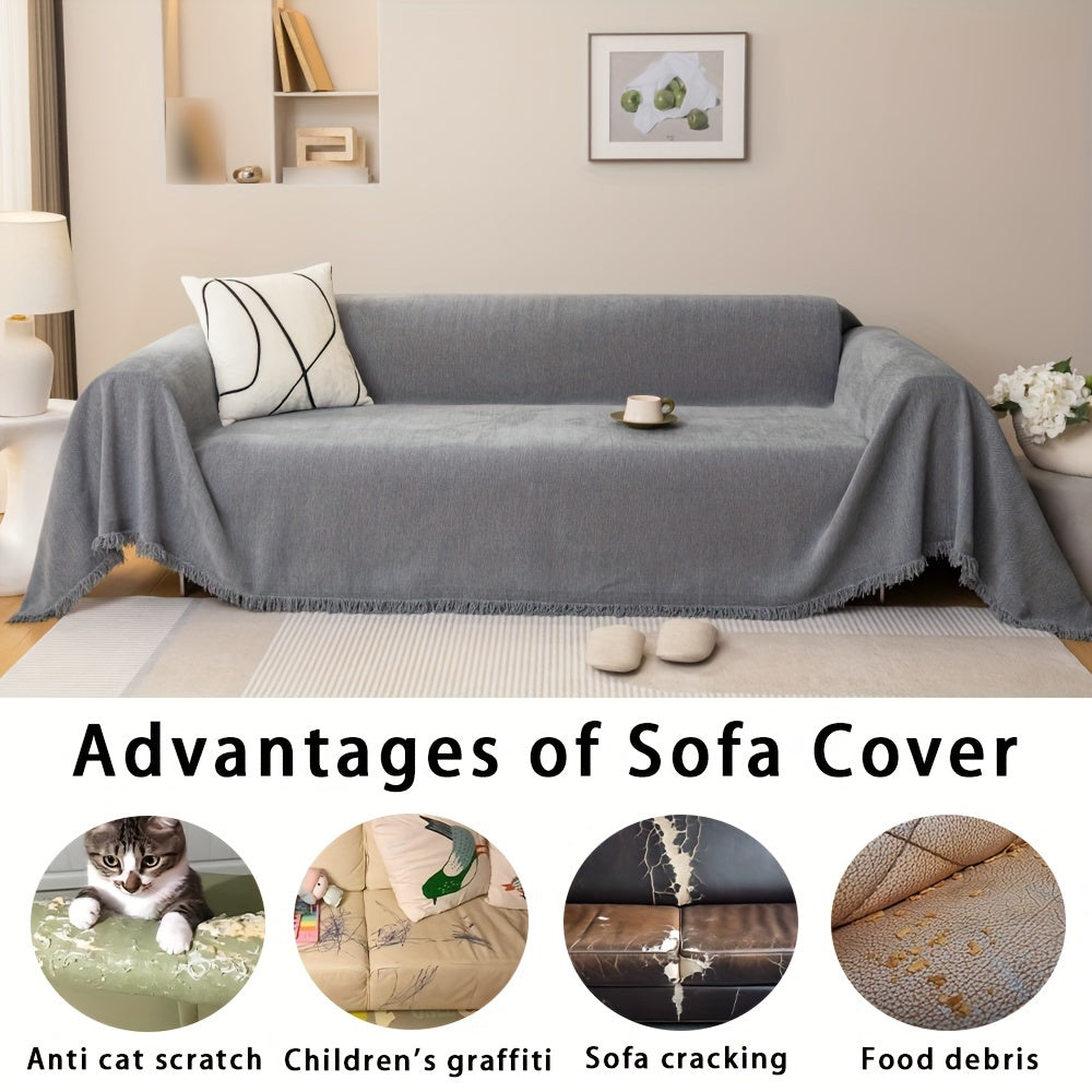 Classic Chenille Sofa Cover with Herringbone Pattern, Pet-Friendly, Anti-Slip, Dustproof, Machine Washable, Fits Armchair to 4-Seater Sofas, Single Piece, for Living Room