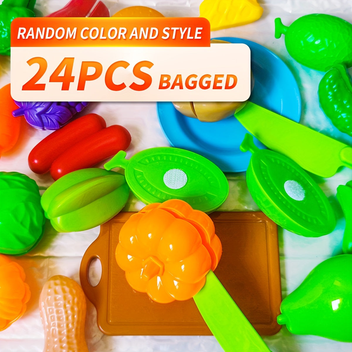 Reusable kitchen toys set includes 9 or 24 pieces of fruit and vegetable cutting toys made of plastic.