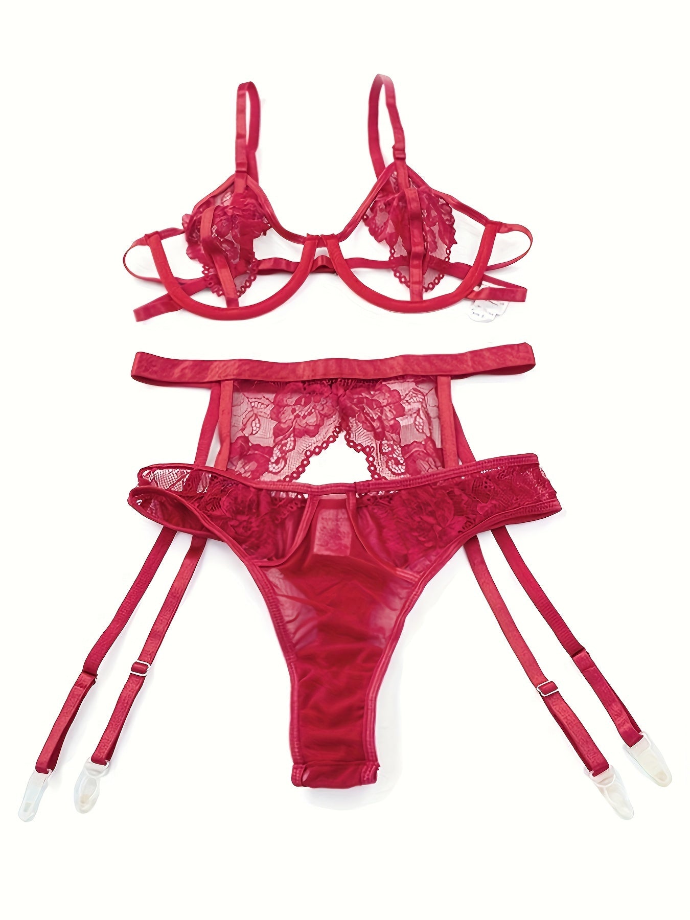 4-piece lingerie set features lace detailing, sexy panties, see-through stockings, and detachable garters with steel rings.